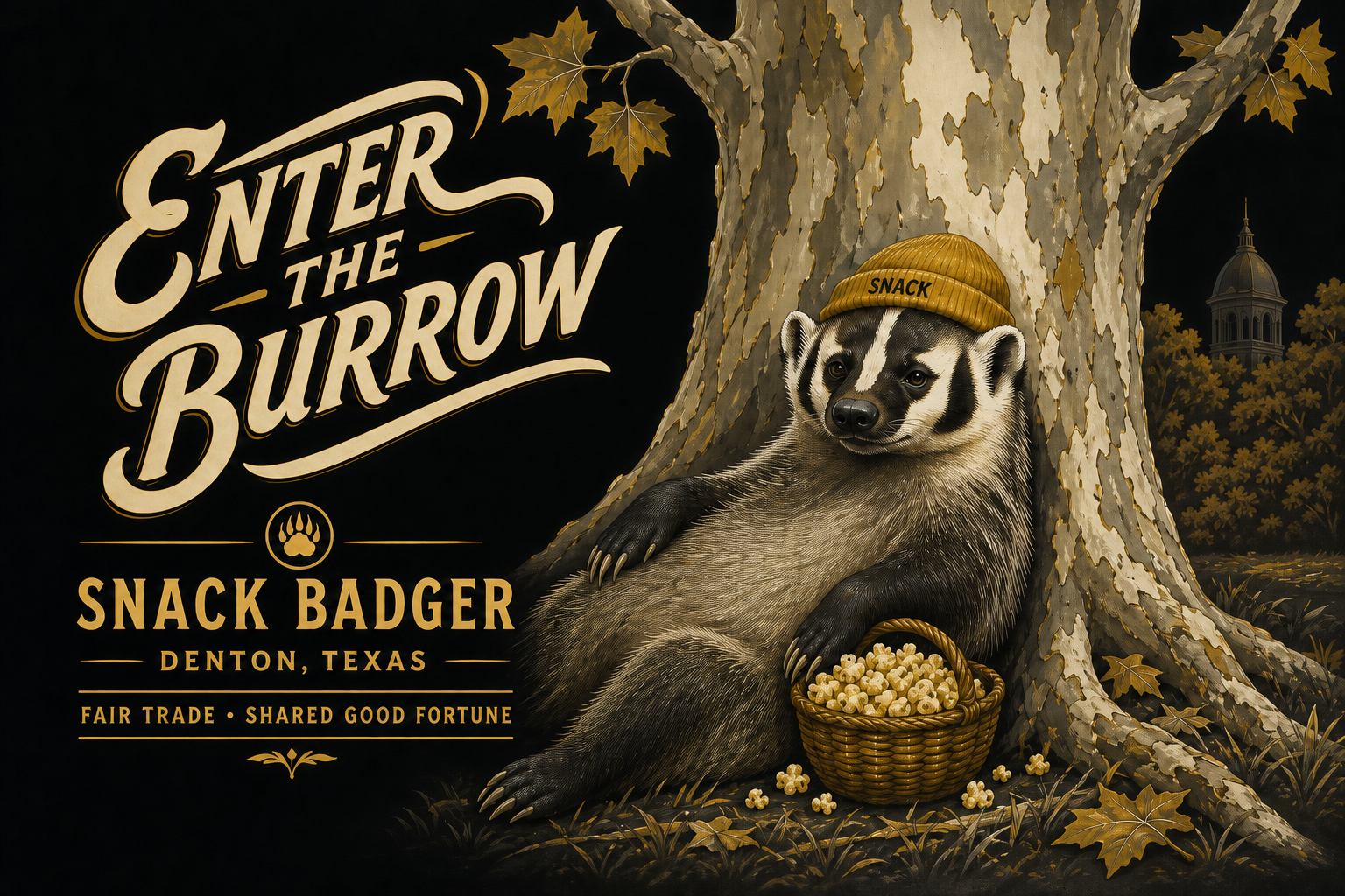 A realistic Snack Badger resting beneath a Texas sycamore with a basket of popcorn